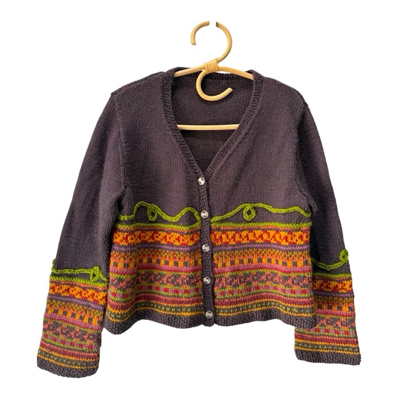 Hand Knit Fair Isle Wool Cardigan Sweater Button Front Boho Folk Style Size M - Picture 1 of 12